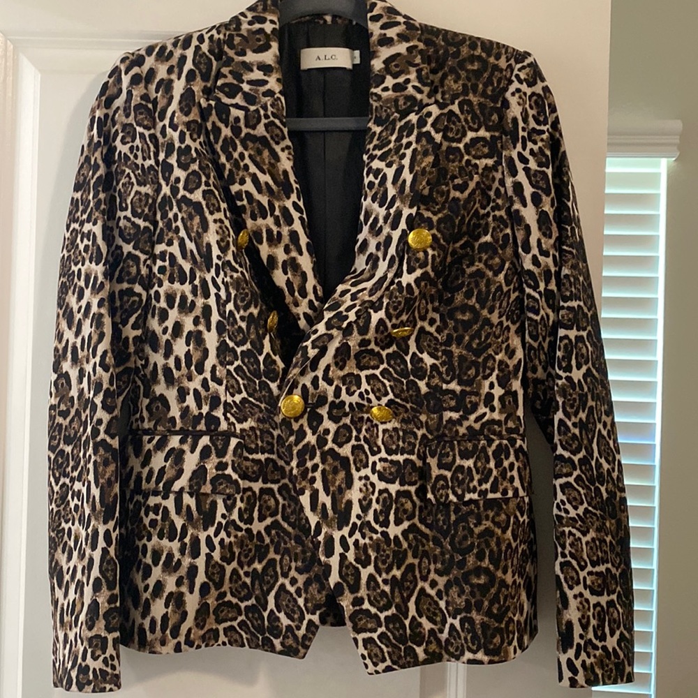 A.L.C. Leopard Print Double-Breasted Blazer with Gold Buttons